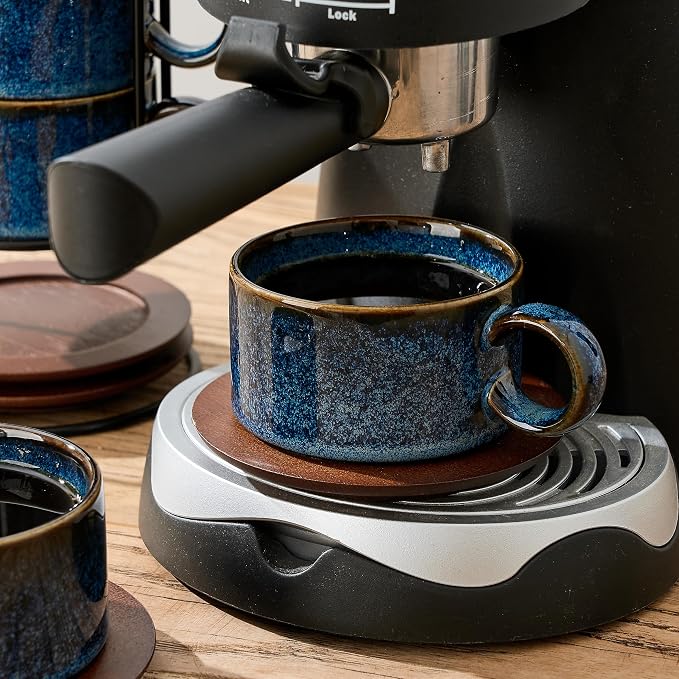 LUKA 6 Ounce Porcelain Stackable Espresso Cups with Saucers and Metal Stand Set of 4, Ceramic Cappuccino Cups Set for Specialty Coffee Drinks, Latte, Cafe Mocha and Tea, Reactive Blue