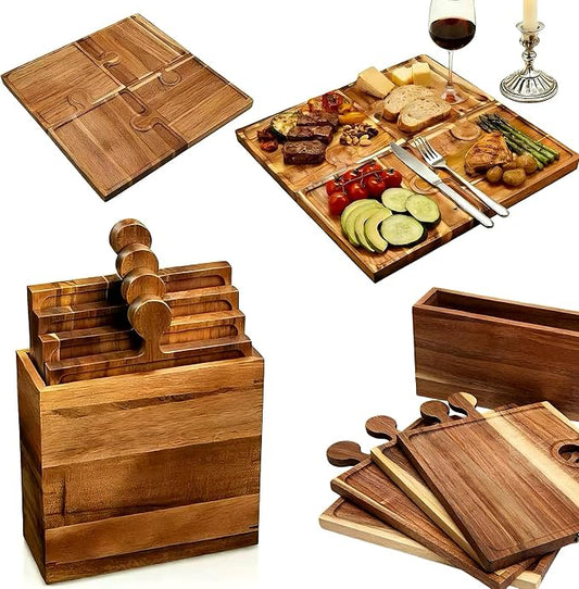 Acacia Wood Charcuterie Boards, Set of 4, Interlocking Serving Tray with Storage Box, Party Appetizer Tray with Handles, Ideal Wine Gifts & Accessories