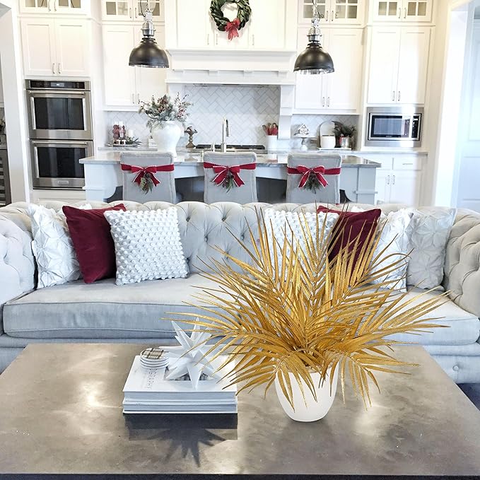 Briful 14.2" Tall Fake Plants Artificial Gold Palm Plant in White Pot – Glitter Faux Palm Leaves Table Centerpiece for Christmas Holiday Decorations, Modern Home Office Desk Decor, Living Room