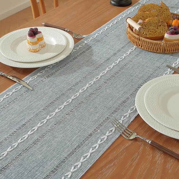 Niviy Boho Cotton Linen Blue Table Runner, Farmhouse Woven Table Runners Spring Summer Holiday Kitchen Dining Table Decoration for Home Party Decor 13 x 72