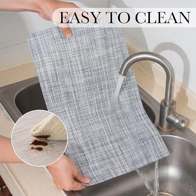 BACKTOEDEN Placemats Set of 6 Heat Resistant Washable Wipeable Placemat Woven Non-Slip Foldable Vinyl/Plastic Place Mats Indoor/Outdoor Mat Kitchen Dining Table Pad, Gray