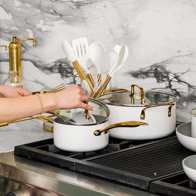 Gold Kitchen Utensils Set – 6 PC White Silicone and Gold Cooking Utensils with Spatula, Whisk, Tongs, Spoons, Cooking Tools for Nonstick Cookware – Luxury Kitchen Accessories for Home Chefs