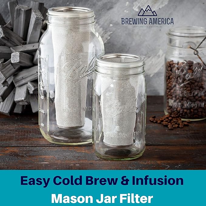 Brewing America Cold Brew Filter for Mason Jar Wide Mouth Coffee Maker, UPGRADED Stainless Steel Mesh with Silicone Seals 2 Quart (64 Ounces)