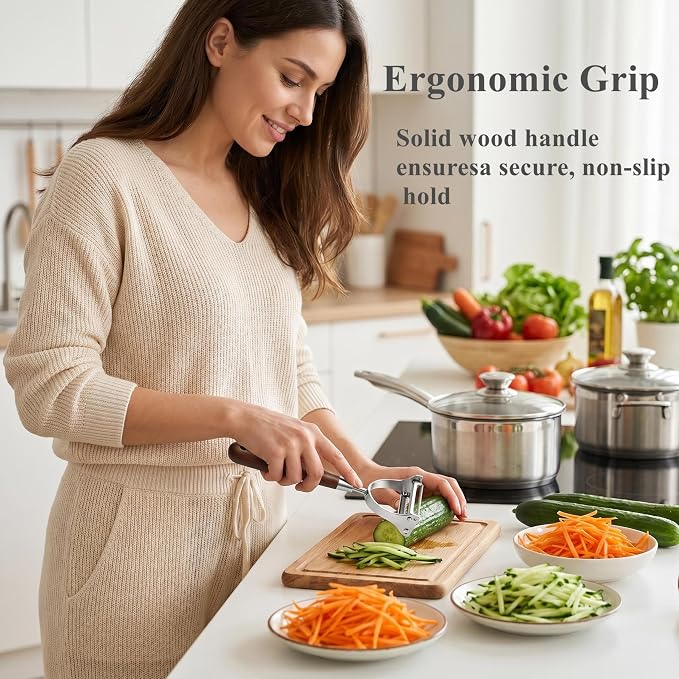 Aniso 2-in-1 Stainless Steel Vegetable Peeler and Julienne | Cutter with Ergonomic Non-Slip Wooden Handle for Potatoes, Apples, Carrots, veggie, Essential Kitchen Tool