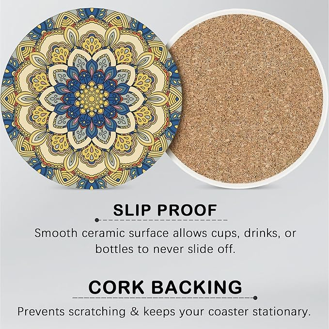 Mandala Set of 6 Coasters for Drinks Absorbing Round Ceramic Stone Coaster with Cork Base,Tabletop Protection Mat for Mugs and Cups,Office,Kitchen