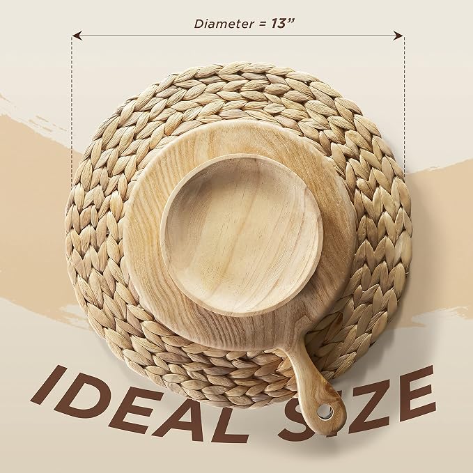 (Sizes:12"-13'') BLUEWEST Woven Placemats (Set of 10), Round Placemats Rattan, Wicker Water Hyacinth Placemat, Round Braided Placemats Set, Heat Resistant/Durable for Plate (13'', Set 10)