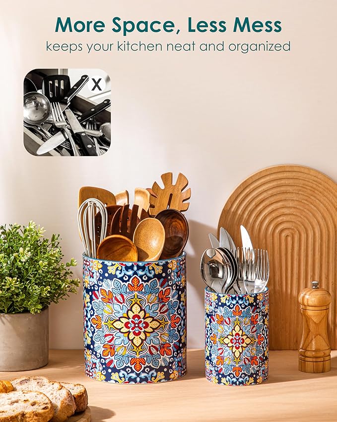vancasso SIMI Utensil Holder, 7.3"+5.5" Porcelain Kitchen Utensil Holder for Countertop, Bohemian Kitchen Utensil Organizer for Spatulas, Spoons, Decorative Counter Utensil Crock, Twilight Bloom