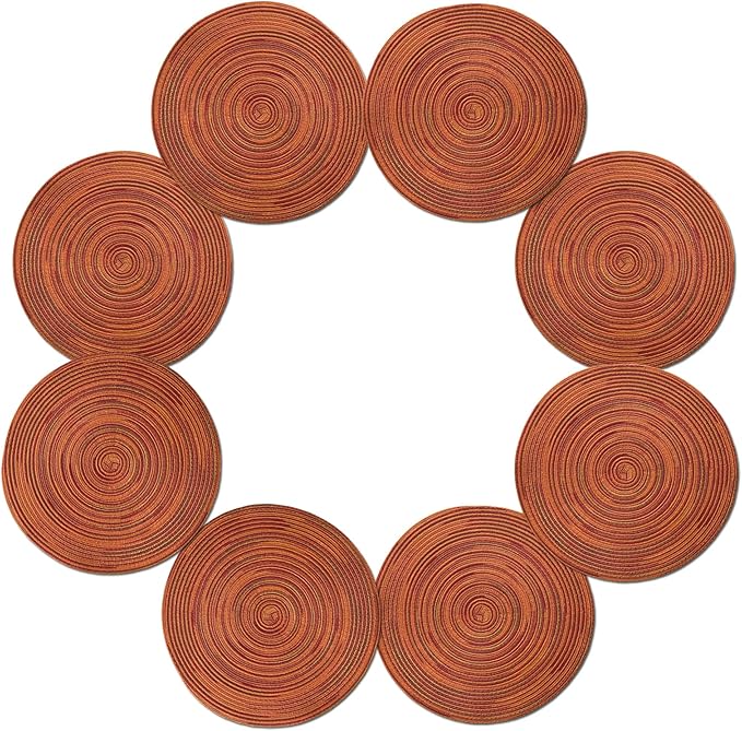 Youyi Table Placemats Set of 8, Round Place Mats 15 Inch Washable Heat Resistant Durable Woven Braided Placemats Table Mats for Dining, Dark Orange