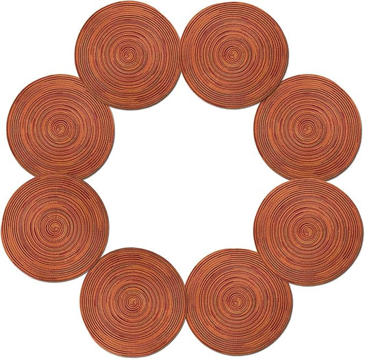 Youyi Table Placemats Set of 8, Round Place Mats 15 Inch Washable Heat Resistant Durable Woven Braided Placemats Table Mats for Dining, Dark Orange