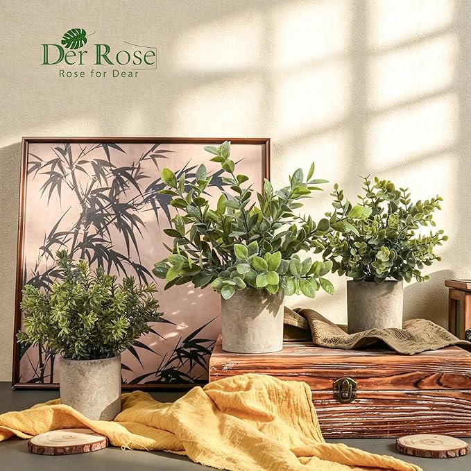 Der Rose 3 Pack Mini Potted Fake Plants Artificial Plastic Eucalyptus Plants Topiaries for Home Office Desk Farmhouse Shelf Room Bathroom Decor(Sage Green)