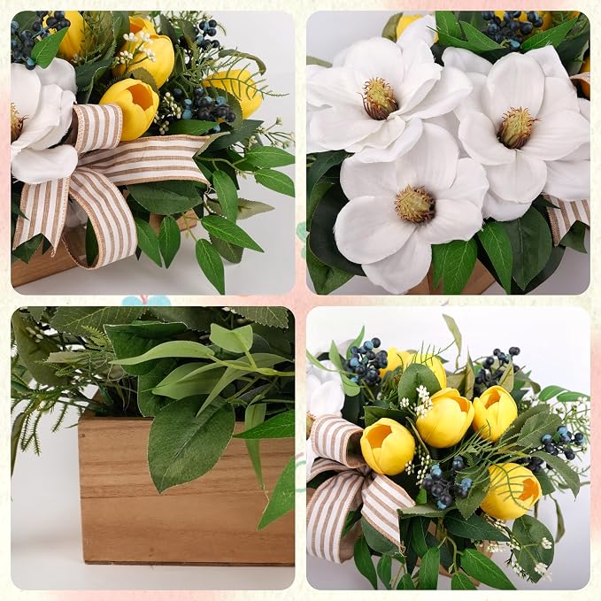Spring Flowers Centerpiece for Table Decor, 20" L Lifelike Artificial Magnolia Tulip in Rectangular Wood Box, Lush Spring Eater Faux Floral Arrangement Farmhouse Mantel Shelf Kitchen Island Decor