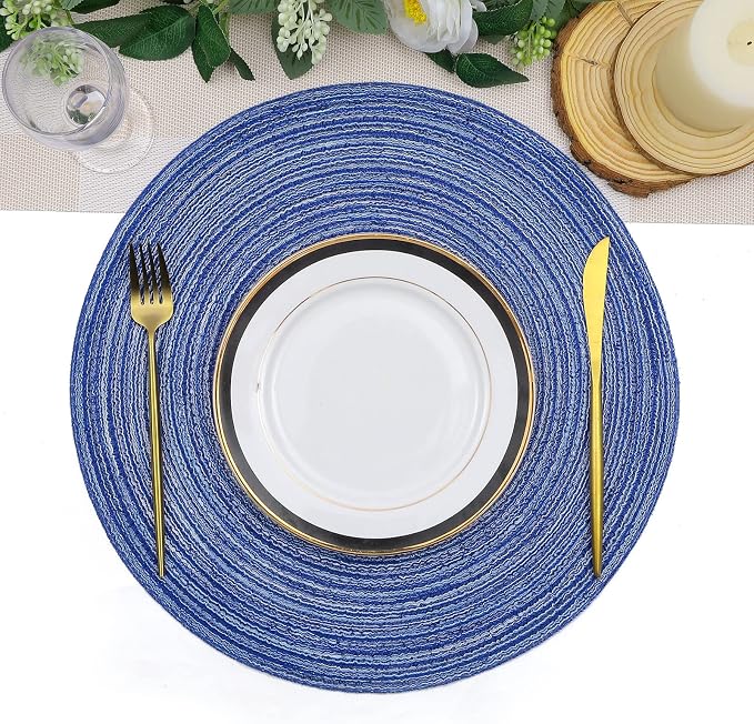 SHACOS Round Braided Placemats 15 inch Set of 4 Washable Cotton Polyester Braided Kitchen Table Placemats for Home Wedding Party (Blue White, 4)