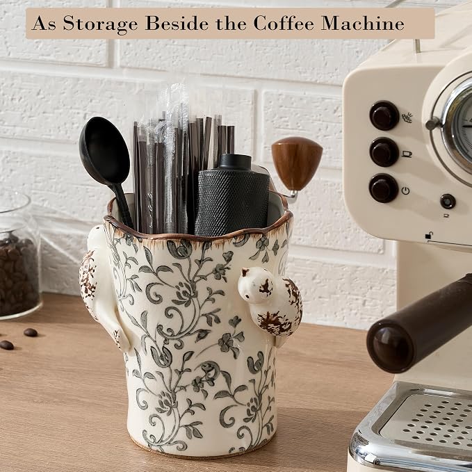 6.34'H Utensil Holder for Kitchen Counter, Modern Farmhouse Cooking Utensil Holder and Crock Home Kitchen Decor, Ceramic Utensil Organizer for Spatula, Ladle, Rolling Pin- Gray Flower Patterns
