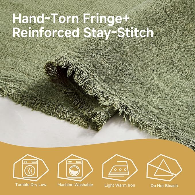 KINGSTONE 14 x 72 Inches Frayed Edge Table Runner, 270G Heavyweight Sand Washed Slub Texture Cotton Linen for Modern Farmhouse, Rustic Home Decorations Dining Room Wedding Boho Decor, Moss Green