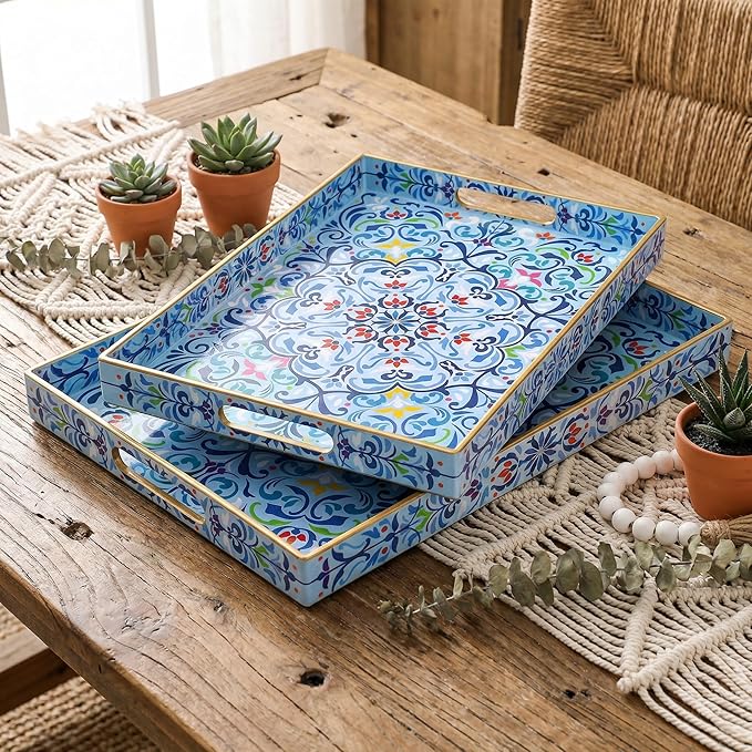 Hiceeden Set of 2 Boho Floral Serving Tray with Handles, 15.7" x 11.8" Decorative Plastic Ottoman Tray, Modern Large Coffee Table Server for Living Room, Bathroom, Kitchen, Rectangle, Blue