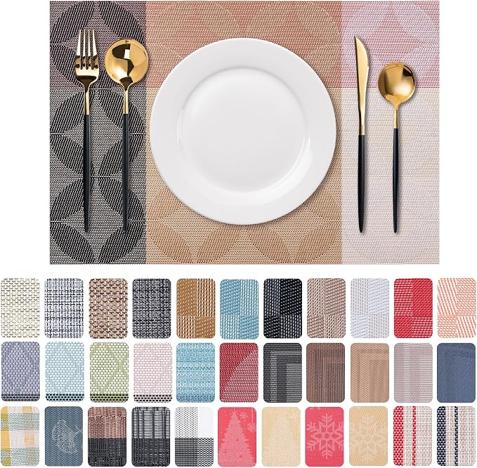 CADONO Placemats Set of 6 Washable Indoor/Outdoor Vinyl Place Mats for Dining Table Durable Non-Slip Heat Resistant PVC Weave Table Mats（Petal Pattern - Golden Red Series）