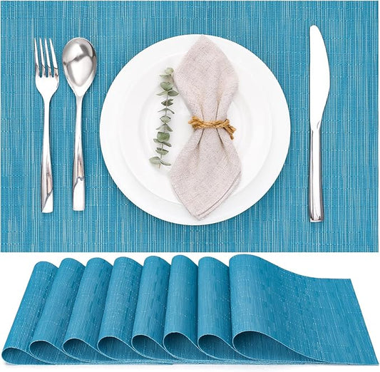 Myir JUN Placemats Set of 8, Vinyl Woven Placemats Place Mats Indoor Set of 8 Washable Table Mats Non-Slip Place mats for Dining Table (Blue, Set of 8)