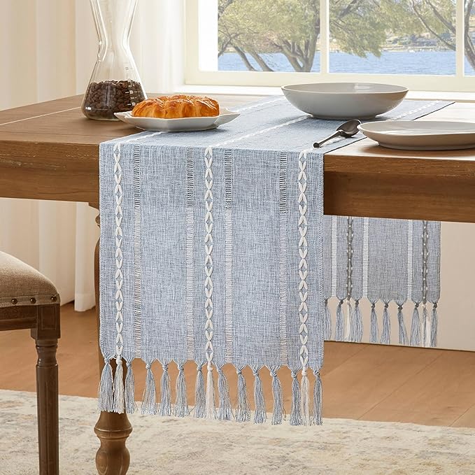 Hemstitched Farmhouse Table Runner, Blue 13x72 Inch, Cotton Linen Table Runners 72 Inches Long, Embroidered Striped Blue Boho Table Runner Rustic Home Decor
