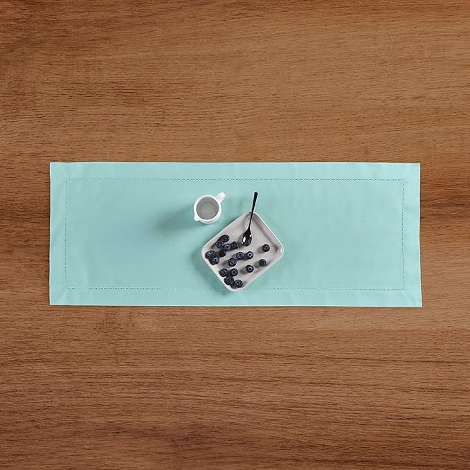 Solino Home Cotton Linen Table Runner 36 Inches - Pastel Turquoise Hemstitch Table Runner 14 x 36 Inch Ideal for Dresser and Coffee Tables, Spring, Summer