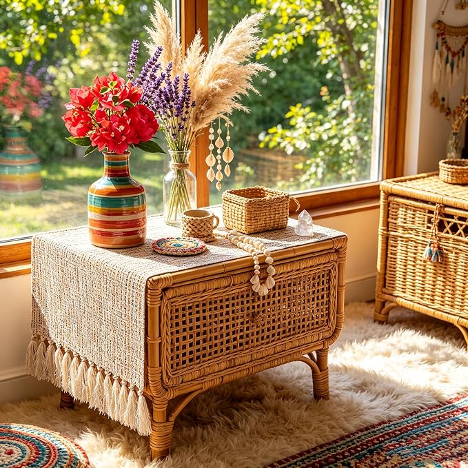 yuboo Boho Dresser Runner for Bedroom 36 Inch, Short Table Runner with Tassels, Small Farmhouse Dresser Top Cover for Nightstand, End Table, Coffee Table, Rustic Beige Bedroom Decor