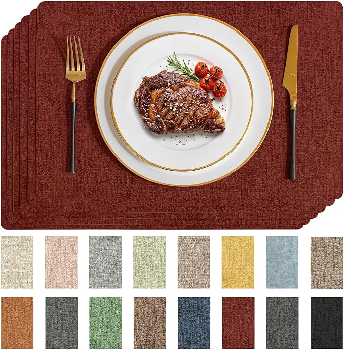 Romanstile Vinyl Placemats Set of 6-12 X 17 Inch - Faux Leather 100% Waterproof Wipeable Anti Slip Place Mats, Heat Resistant Reversible PU Table Mats for Kitchen Dining Party Outdoor, Red