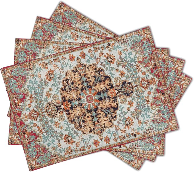 Ethnic Boho Placemats Set of 4 Bohemian Carpet Vintage Black Coral Floral Linen Washable Kitchen Dining Table Mats Stain Heat-Resistant Desktop Decor Place for Home Party Indoor 12x18 in