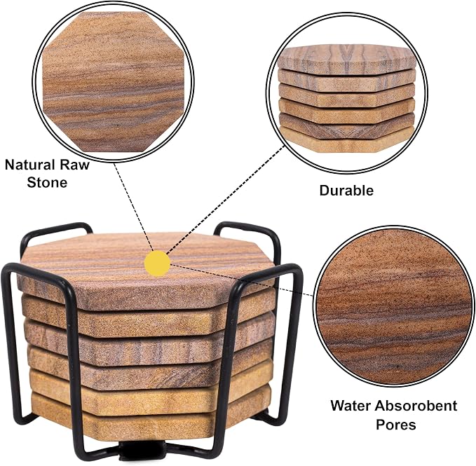 Sandstone Water Absorbent Hand Crafted Octagon Coasters for Drinks- Set of 6-4 inches Wide Thirsty Stone bar/Drink Coasters Made from Real Solid Stone (Without Holder, Set of 6)