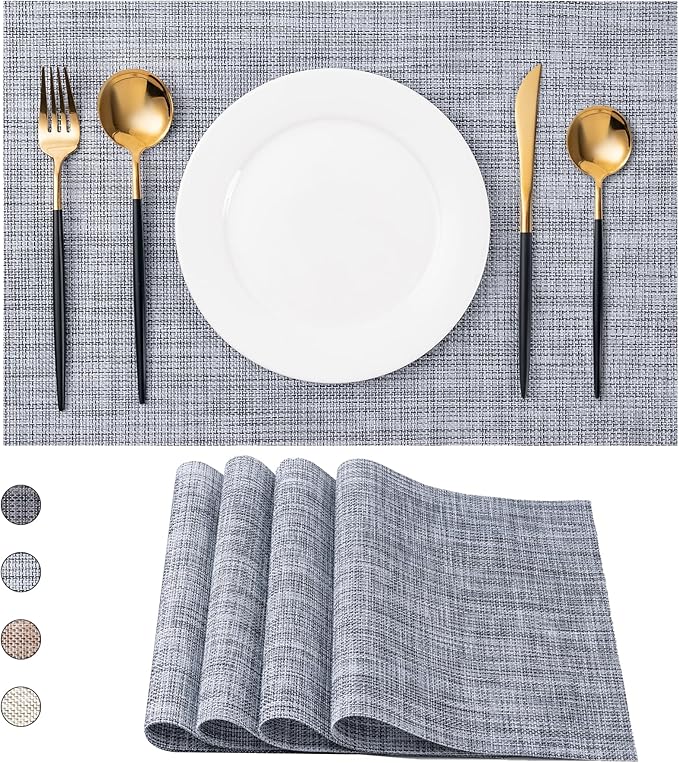 CADONO Placemats Set of 4 Washable Indoor/Outdoor Vinyl Place Mats for Dining Table Durable Non-Slip Heat Resistant PVC Weave Table Mats（Gray）