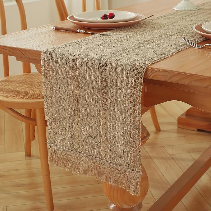 Niviy Burlap Boho Table Runner for Home Decor with Tassels 108 Inches Long, Modern Farmhouse Decor Rustic Macrame Woven Coffee Table Runners for Spring Dining Table Decoration, Burlap Brown