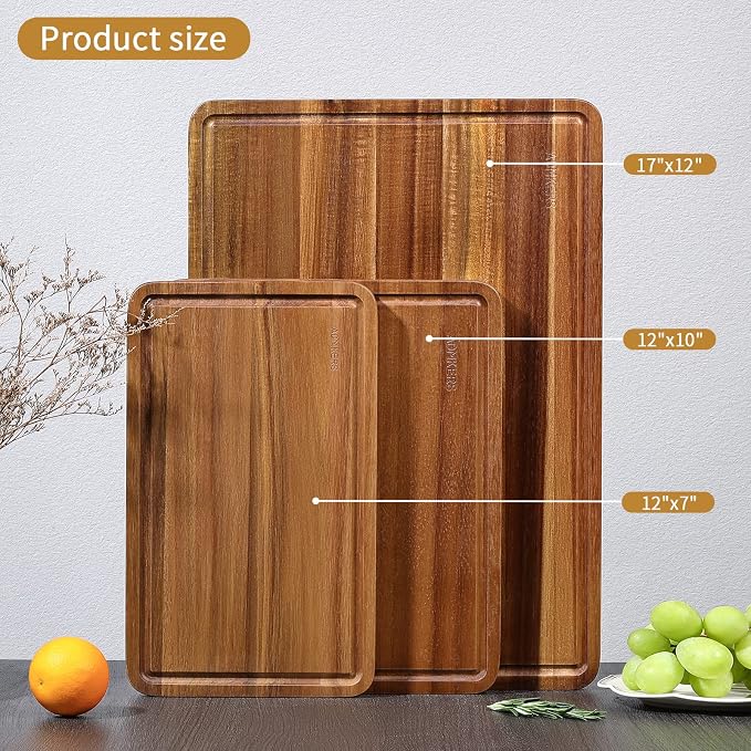Wood Cutting Boards Set of 3 for Kitchen, Thick Chopping Board, Large Wooden Cutting Board Set with Deep Juice Groove and Handles, Wooden trays for meat, fruit and cheese