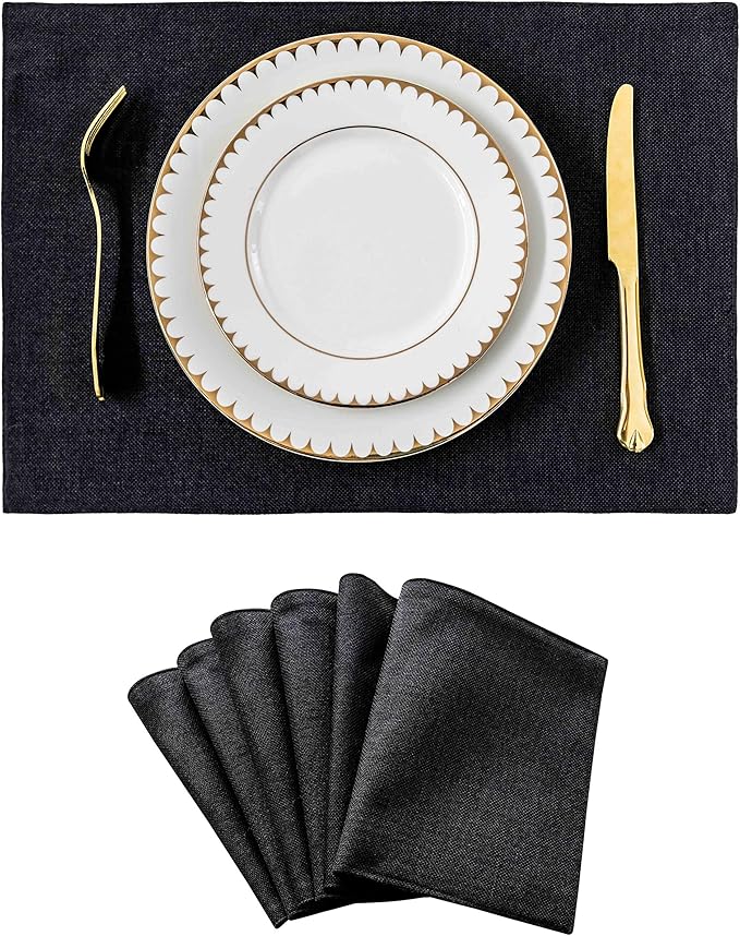 Home Brilliant Black Placemats Set of 6 Heat Resistant Dining Table Place Mats Kitchen Cloth Table Mats, Black