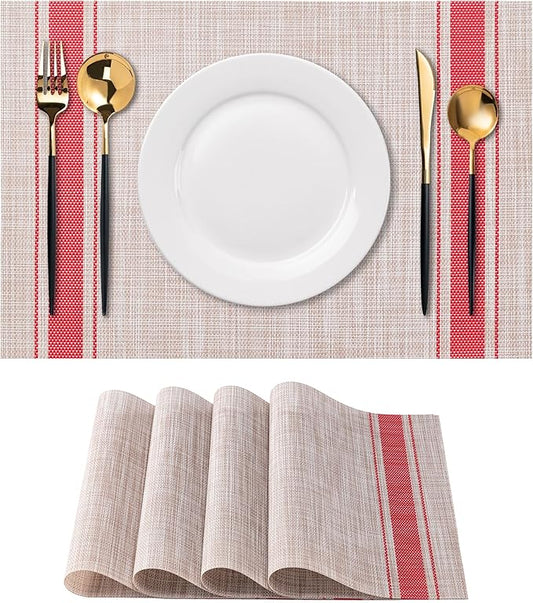 CADONO Placemats Set of 4 Washable Indoor/Outdoor Vinyl Place Mats for Dining Table Durable Non-Slip Heat Resistant PVC Weave Table Mats（Stripes-Red）