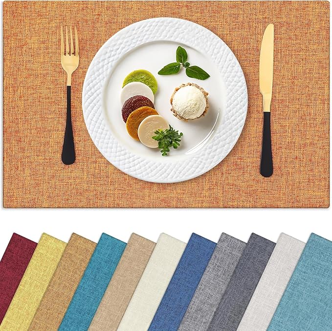 Homaxy Cloths Placemats for Dining Table Set of 6, Heat Resistant Washable Cotton Linen Blend Table Mats, Easy to Clean Place Mats for Indoor Outdoor Party Kitchen Decoration, 13" x 19", Orange