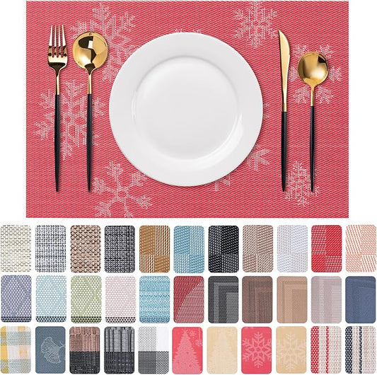 CADONO Placemats Set of 6 Washable Indoor/Outdoor Vinyl Place Mats for Dining Table Durable Non-Slip Heat Resistant PVC Weave Table Mats（Christmas Snow-Red）