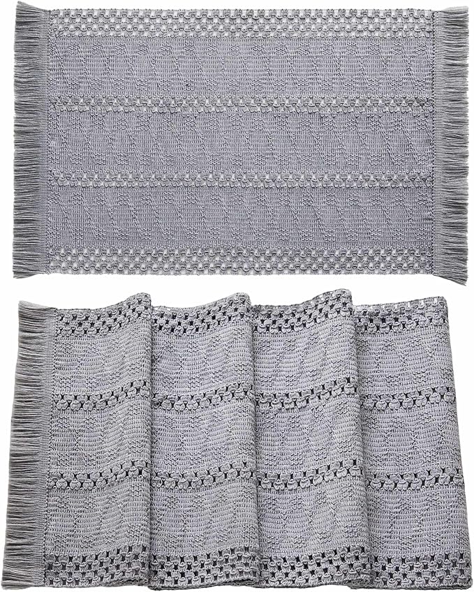 ZeeMart Macrame Style Boho Placemats Set of 4, Light Blue Grey 12x20 Inch | Decorative Farmhouse Table Mats, Natural Cotton Woven Place Mats, Bohemian Home Decor for Kitchen Dining Table