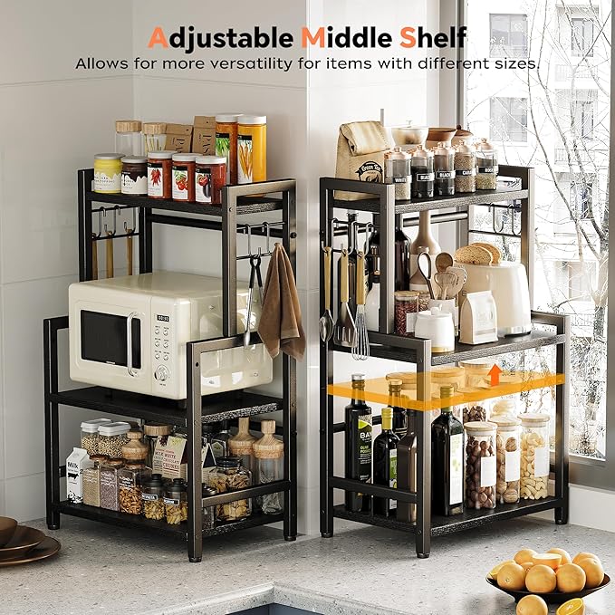 Kitchen Countertop Organizer, 3 Tier Large Spice Rack Organizer with Adjustable Shelf and 5 Hooks, Wooden Counter Organizer, Space Saving Countertop Shelf Microwave Stand for Kitchen,Coffee Bar,Black