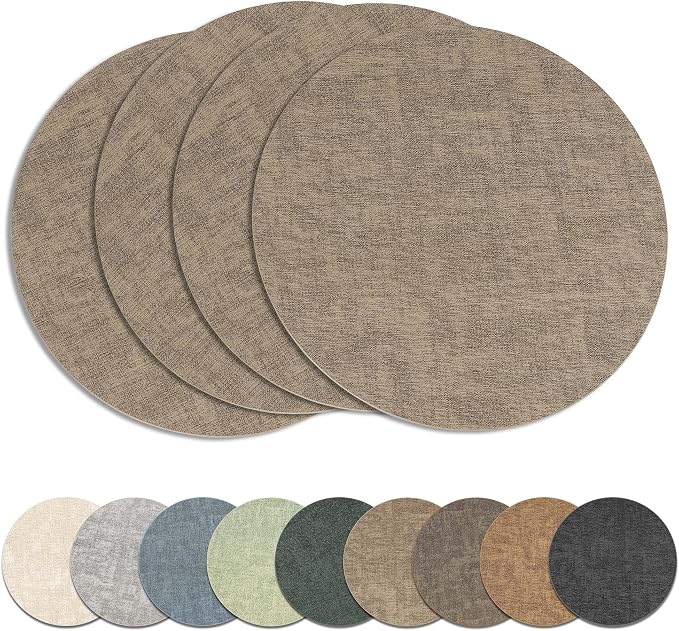 13" Round Placemats Set of 4, Reversible Faux Leather Heat Resistant Table Mats, Waterproof Oilproof Wipeable Table Protective Placemats for Vinyl, Washable for Indoor & Outdoor Use (4, Light Coffee)