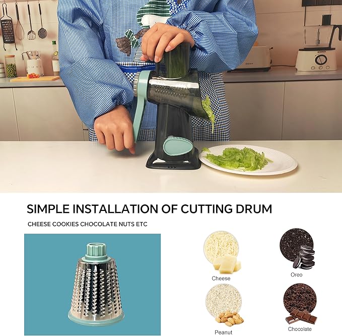 Ultra Rotary Cheese Grater – Manual Hand Crank Cheese grater & Vegetable Chopper 3 Sharp Blades & Reinforced Suction Base - Grater for cheese shredder Nuts, Vegetable - Essential Kitchen Gadgets