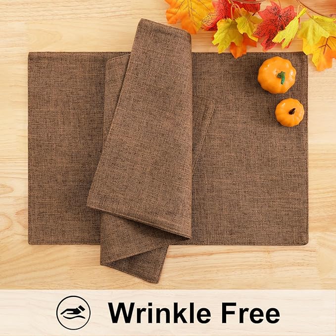 homing Faux Cotton Linen Placemats Set of 6, Cloth Washable Farmhouse Dining Table Mats for Indoors & Outdoors, Easy to Clean, Brown, 13 x 19 Inch