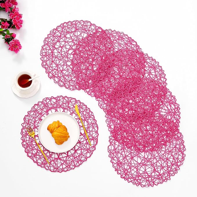IcosaMro Rosy Round Placemats Set of 6 for Dining Table, 15 Inch Paper Woven Boho Decorative Circle Place Mat for Wedding Christmas Thanksgiving Day Holiday Dinner, 15 Inch, Rosy