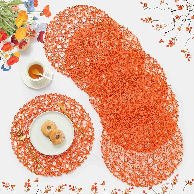 IcosaMroTangerine Round Placemats Set of 6 for Dining Table, 15 Inch Paper Woven Boho Decorative Circle Place Mat for Wedding Christmas Thanksgiving Day Holiday Dinner, Tangerine