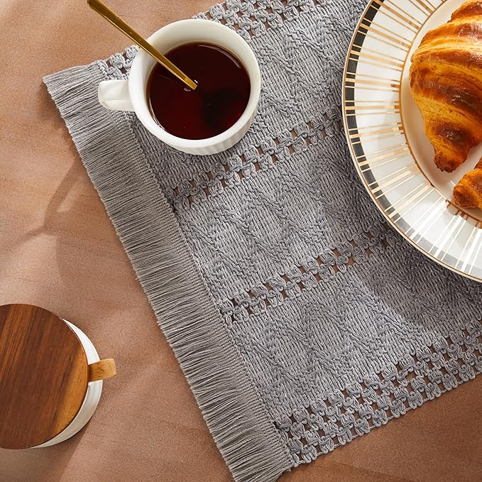 ZeeMart Macrame Style Boho Placemats Set of 4, Grey 12x20 Inch | Decorative Farmhouse Table Mats, Natural Cotton Woven Place Mats, Bohemian Home Decor for Kitchen Dining Table