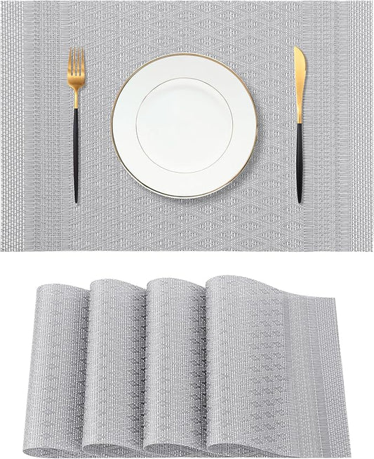 Leetaltree Lunar Grey Placemats Set of 4 - Heat Resistant Non-Slip Place mats for Dining Table, Washable Durable PVC Vinyl Woven Table Mats（Lunar Grey, 4）