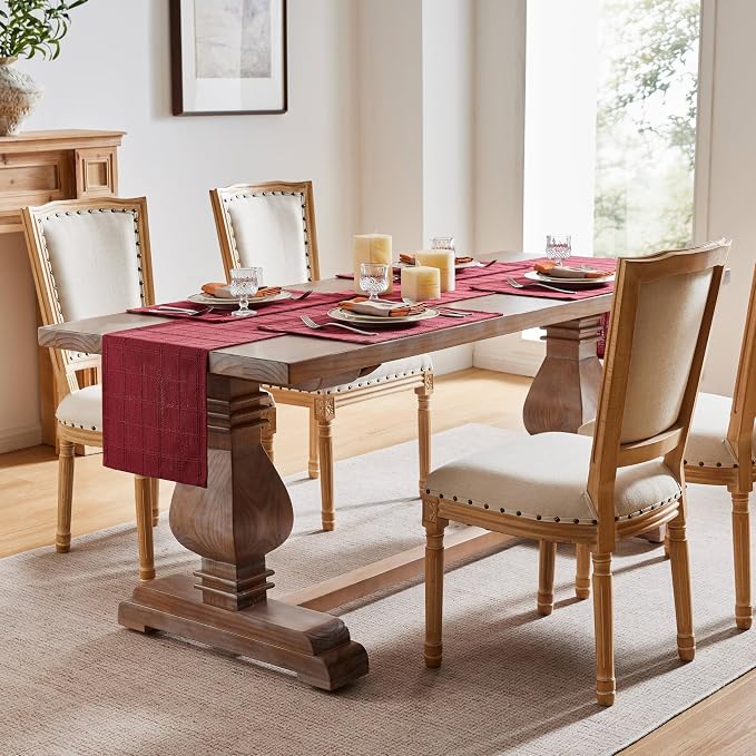 ZeeMart Linen Checked Farmhouse Table Runner, 13x72 Inches Burgundy | Raised Grid Design, Rich Woven Texture, Linen Blend Table Runners 72 Inches Long, Machine Washable, Boho Home Kitchen Decor