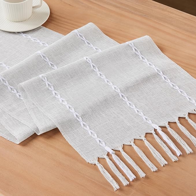 Braided Farmhouse Table Runner, Braided Light Grey 13x72 Inch, Cotton Linen Table Runners 72 Inches Long, Embroidered Striped Light Grey Boho Table Runner Rustic Home Decor
