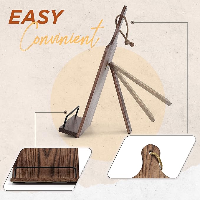 FANATU Cookbook Stand, Rustic Wood Cookbook Holder Cutting Board Style, Adjustable Recipe Ipad Tablet Book Holder and Stand for Kitchen with Anti-Slip Kickstand (Dark Brown)