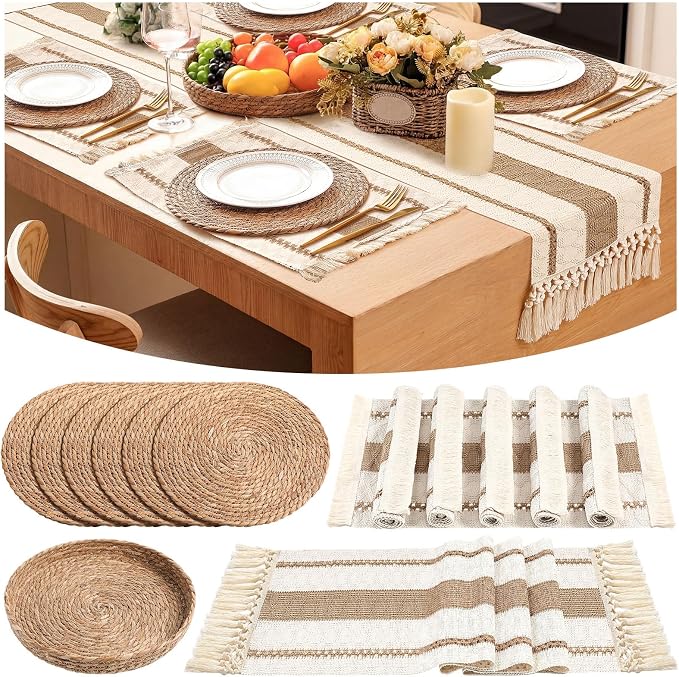 Boho Placemats 4/6/8 Set of Round Woven Placemat Macrame Style Bicolor Stitching Long Table Runner Farmhouse Rustic Natural Burlap Cotton for Kitchen Dining Table(6 Sets,Khaki A,12x72)