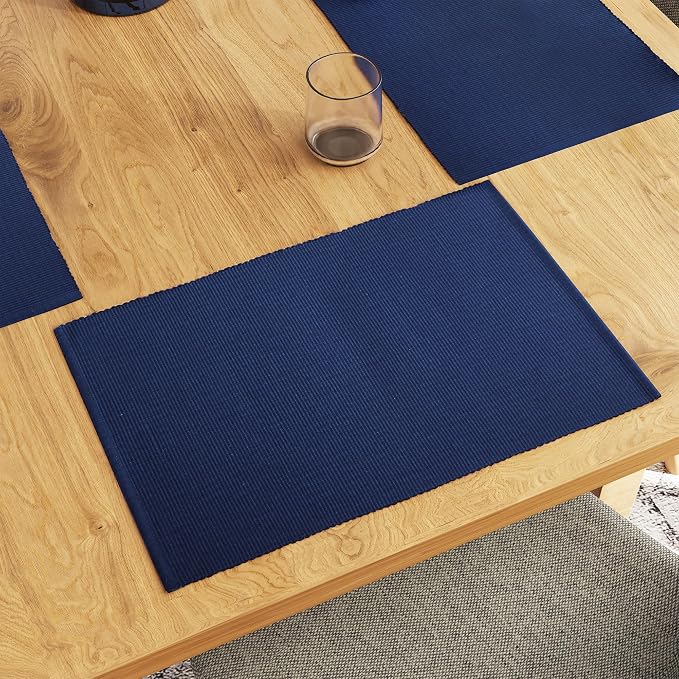 Encasa XO Dining Placemat Set of 6 | Solid Navy Blue Color | Fine Ribbed Cotton Table mat | Size 19x13 in | Machine Washable