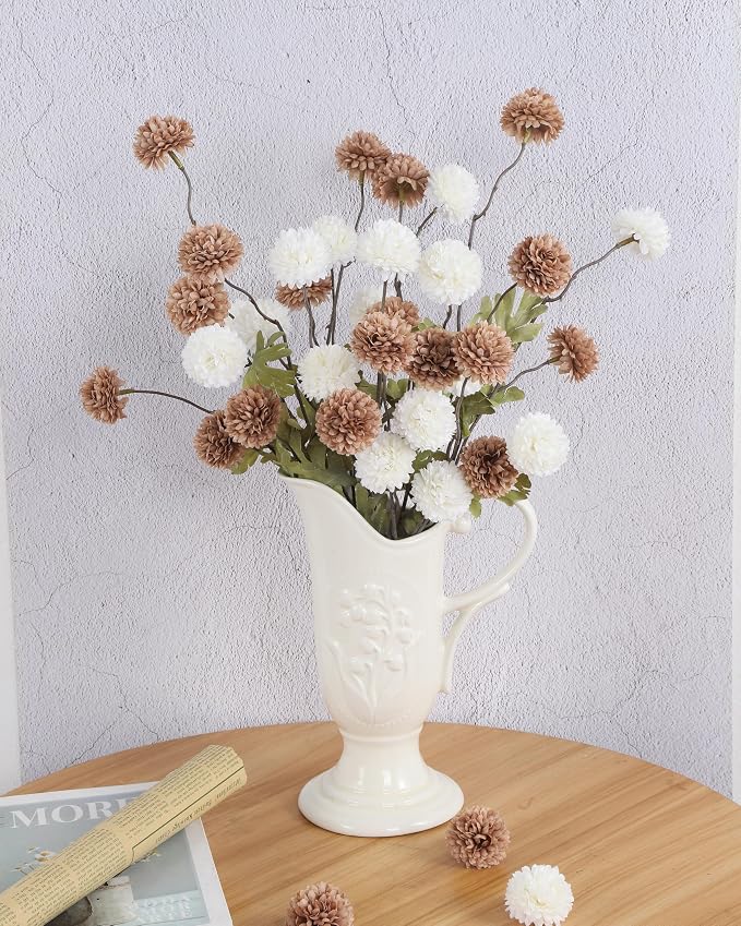 DuHouse 9pcs Artificial Flowers Faux Silk Pompon Mum, Mixed Color Silk Small Mini Chrysanthemum Ball with Stems for Home Table Kitchen Decor DIY Wedding Bouquets Centerpieces
