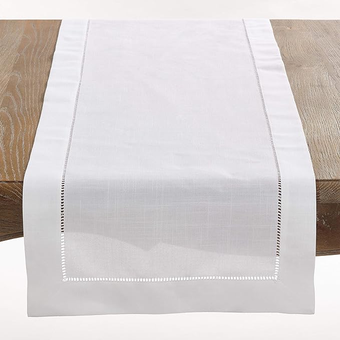 Saro Lifestyle Hemstitched Border Table Runner, White, 16"x120"